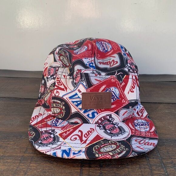 Vans 5 Panel Hat Strap Back Davis All Over Print Signs Logo Beer Stickers - Picture 1 of 5